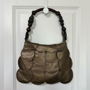 Vintage Elegant Circle Flap Wooden Beaded Handle Shoulder Handbag